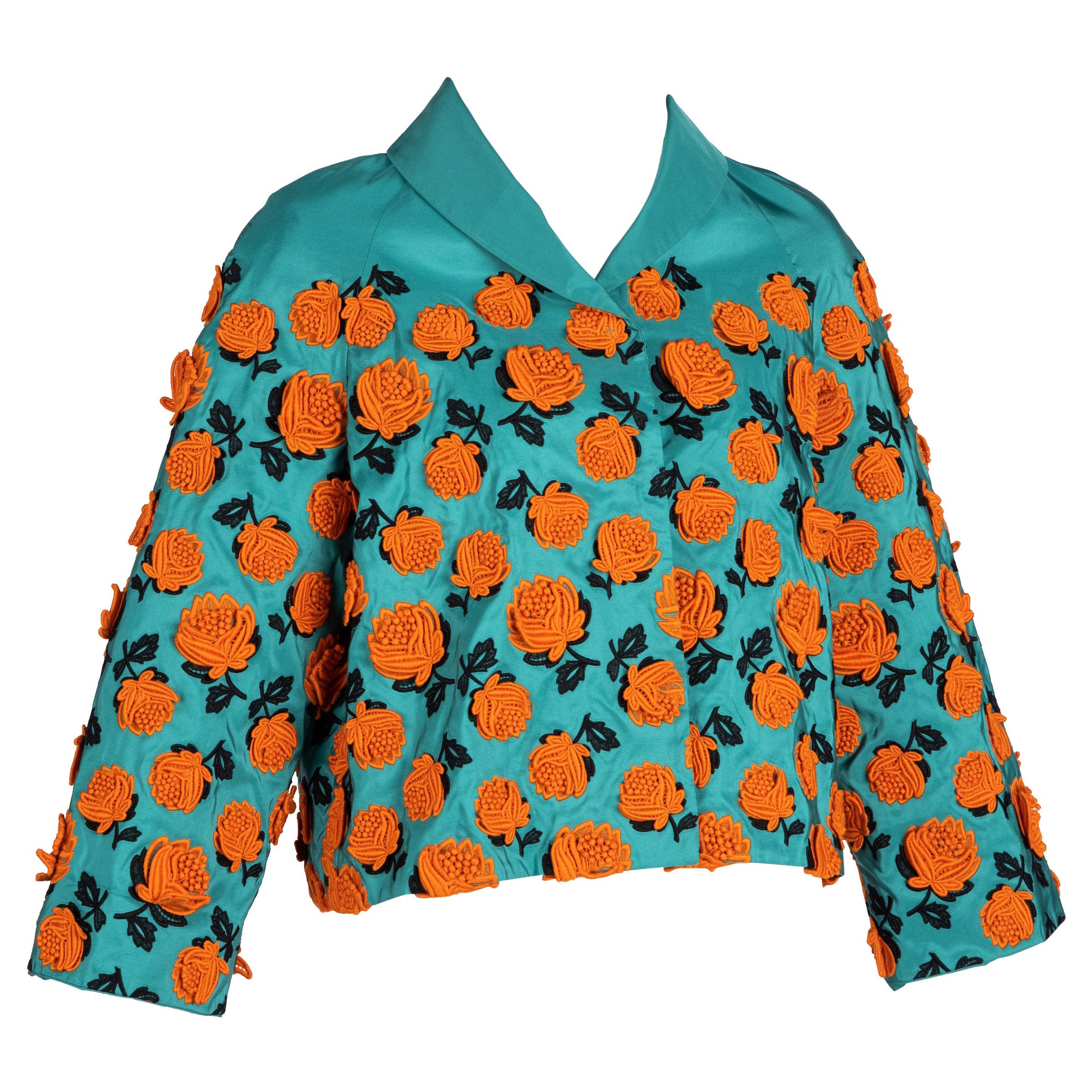 Prada Turquoise Silk Taffeta Floral Applique Jacket, Spring 2012 en vente