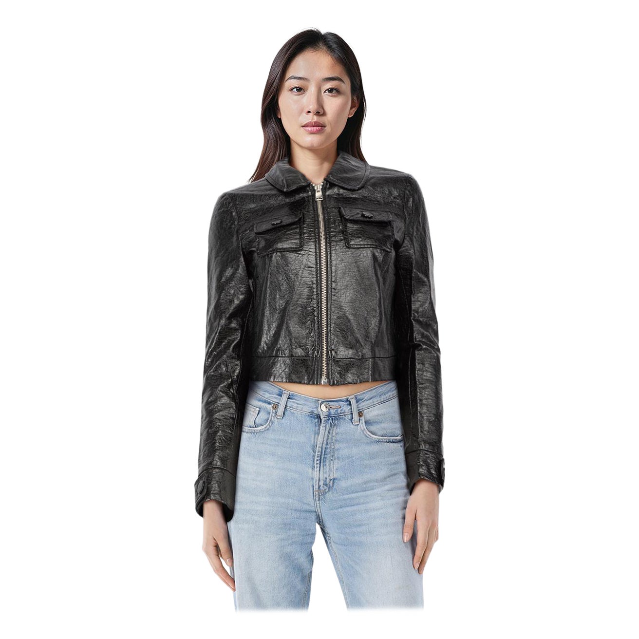 Claudie Pierlot Black Aged Vegan Leather Jacket Size S For Sale