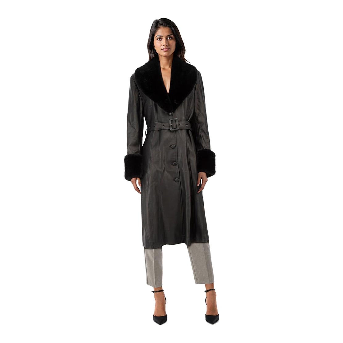 Jane & Tash Black Leather Faux Fur Belted Coat Size L For Sale