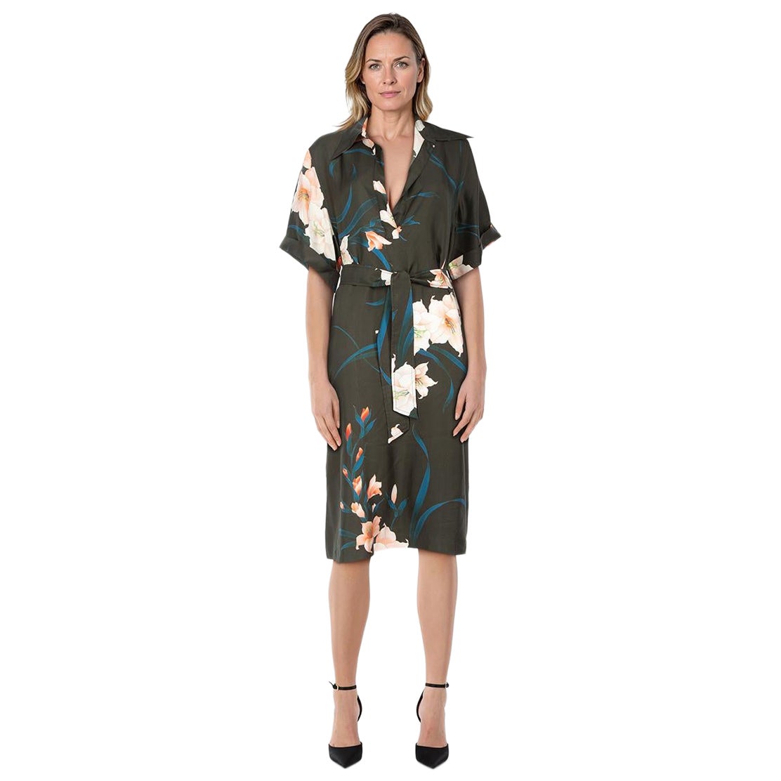 Dries Van Noten Floral Print Midi Belted Dress Size XL For Sale