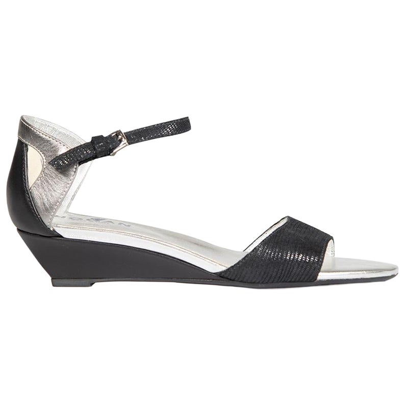 Hogan Black Suede Lizard Embossed Strap Sandals Size IT 37 For Sale