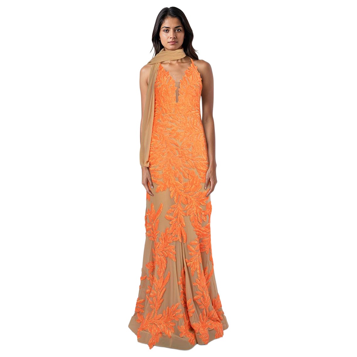 Forever Unique Orange Sequin Detail Gown Size M For Sale
