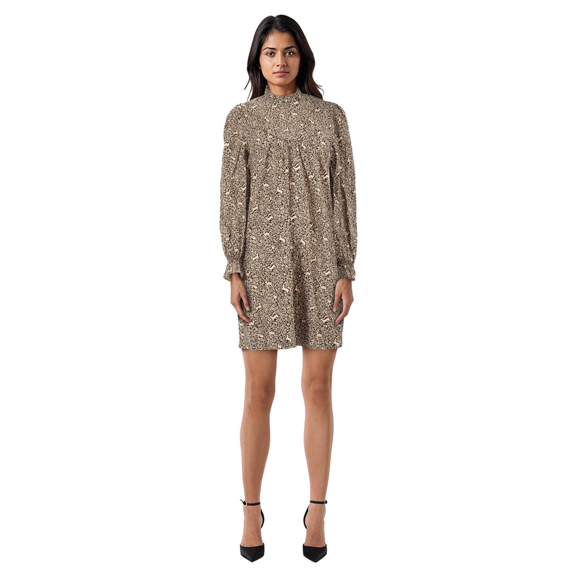 DÔEN Brown Deer Print Long Sleeve Dress Size M For Sale
