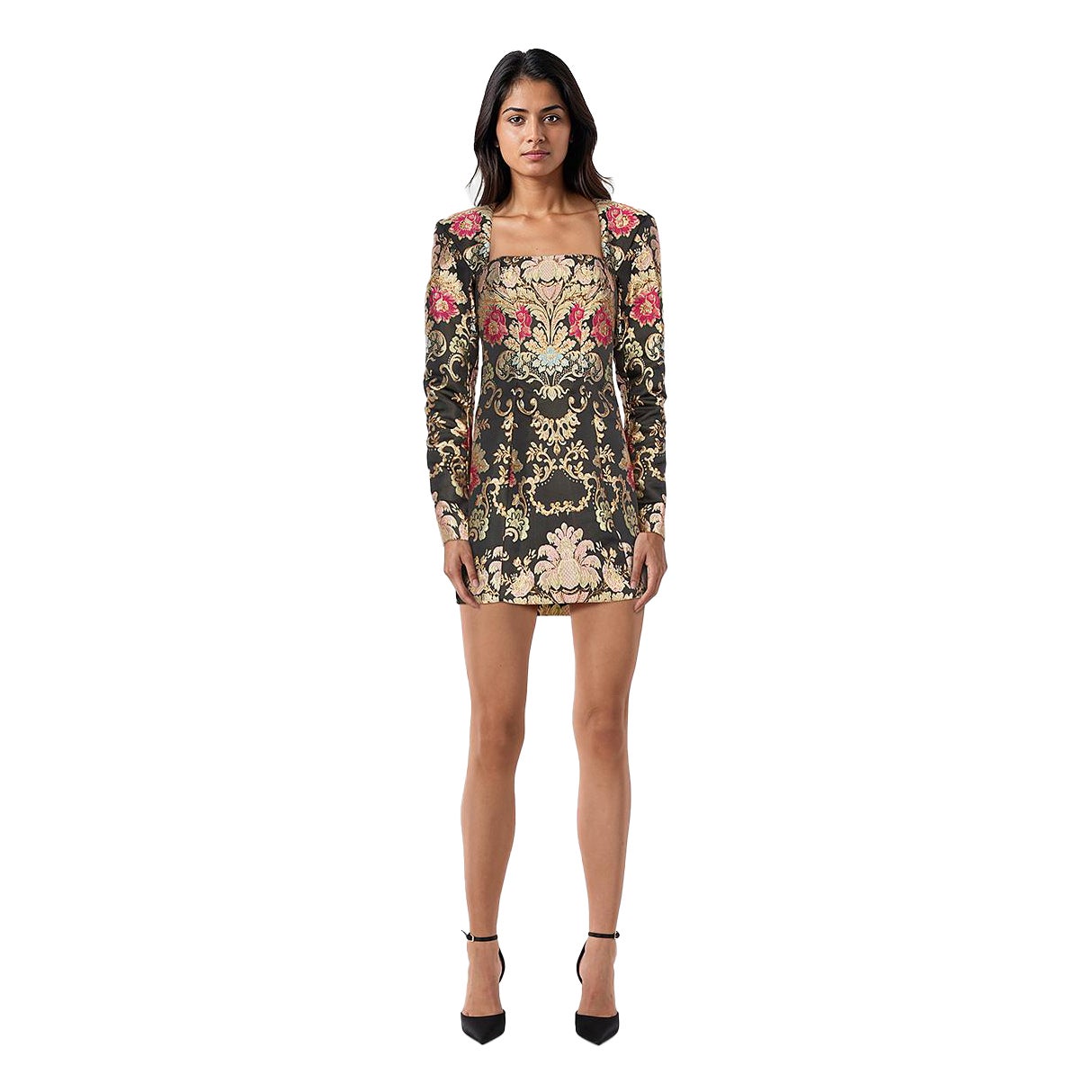 House of CB Black & Gold Floral Jacquard Dress Size XS For Sale