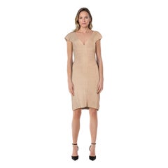 Herve Leger Beige Plunge Neck Bodycon Dress Size XS
