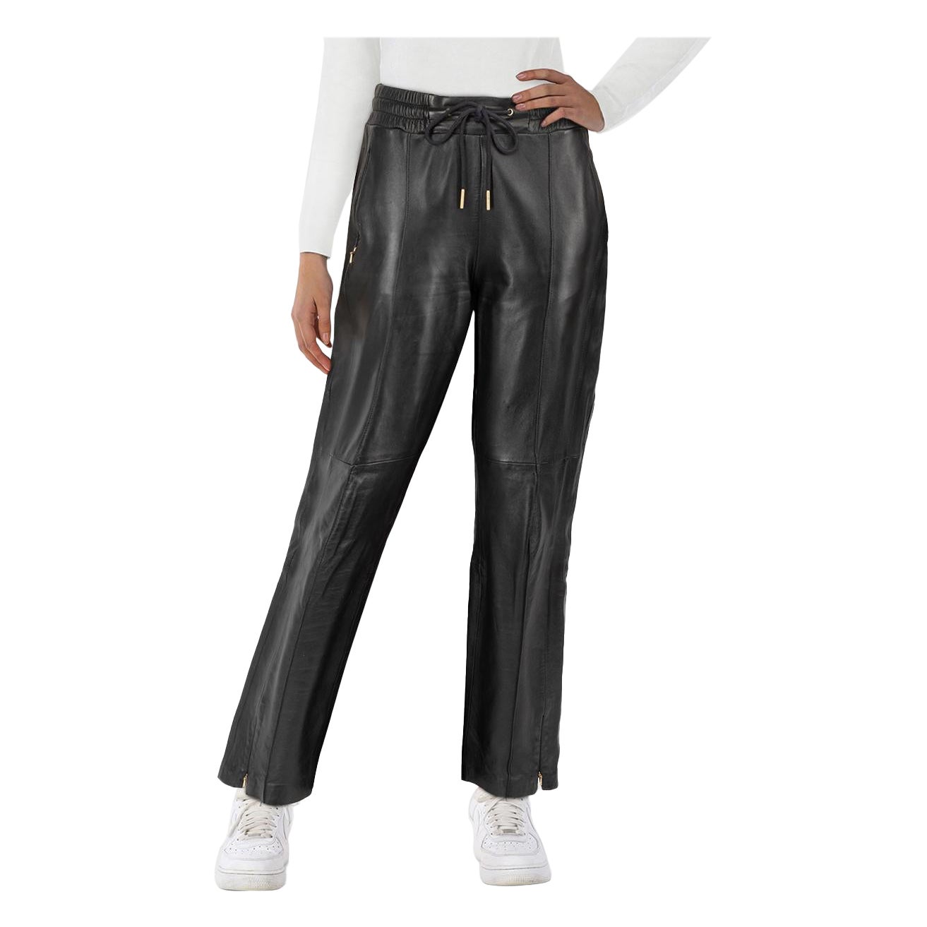 ME+EM Pantalon droit en cuir noir avec cordon de serrage Taille XS en vente