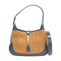 Gucci Jackie 1961 Beige Camel Wicker Bag Black Leather Gold Hardware Leather Str