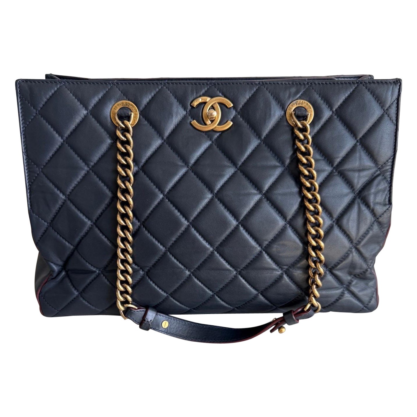 Chanel Perfect Edge Tote Trapuntata in Pelle Navy Hardware Oro Antico in vendita