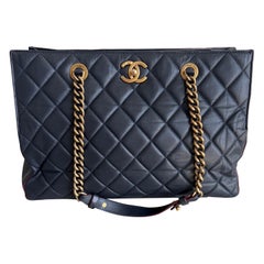 Chanel Perfect Edge Tote Quilted Navy Leather Antique Gold Hardware