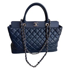 Chanel Tote Quilted Navy Leather Top Handle and Silver Chain Straps