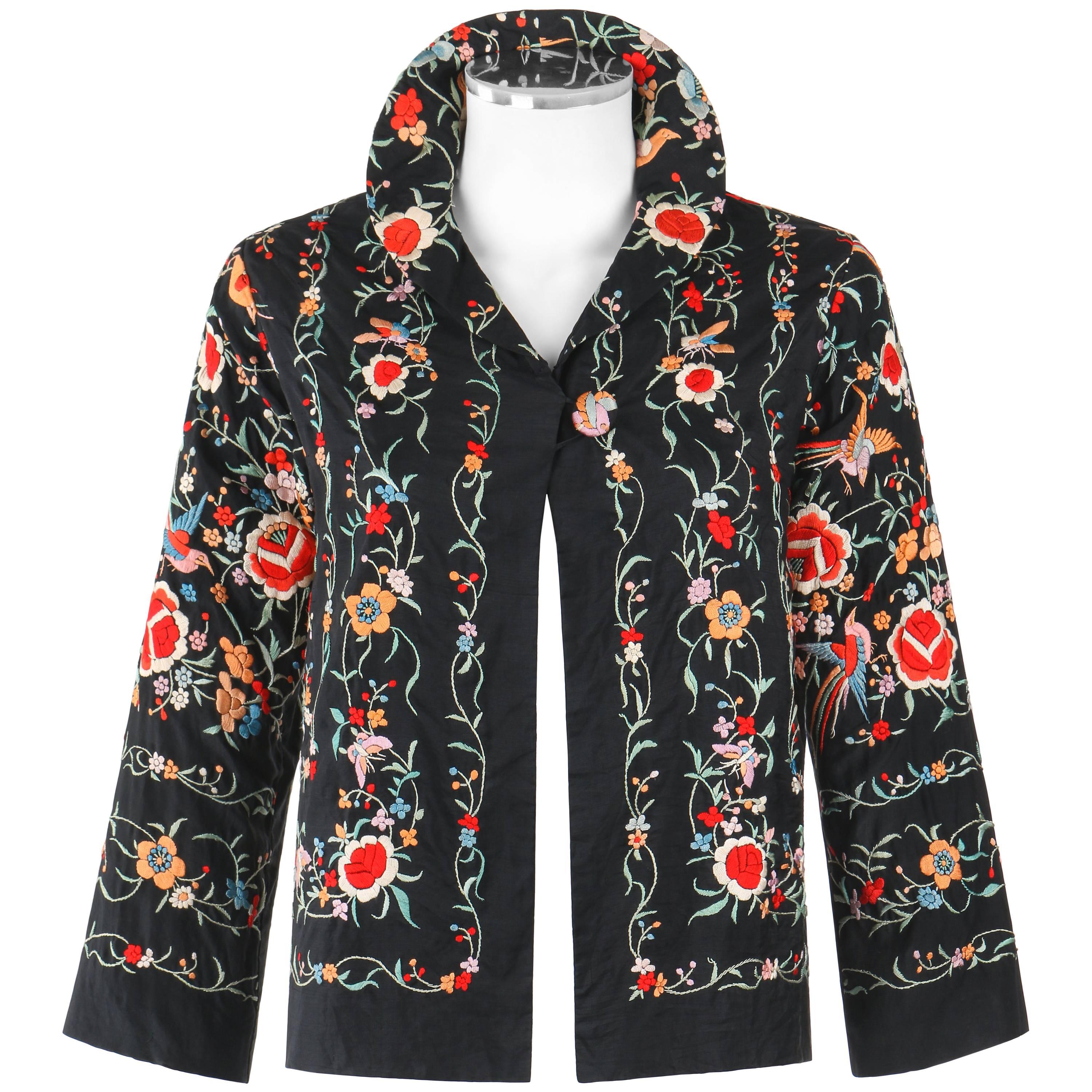 COUTURE c.1920's Black Silk Multicolor Chinese Floral Embroidered Jacket