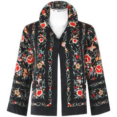 COUTURE c.1920's Black Silk Multicolor Chinese Floral Embroidered Jacket