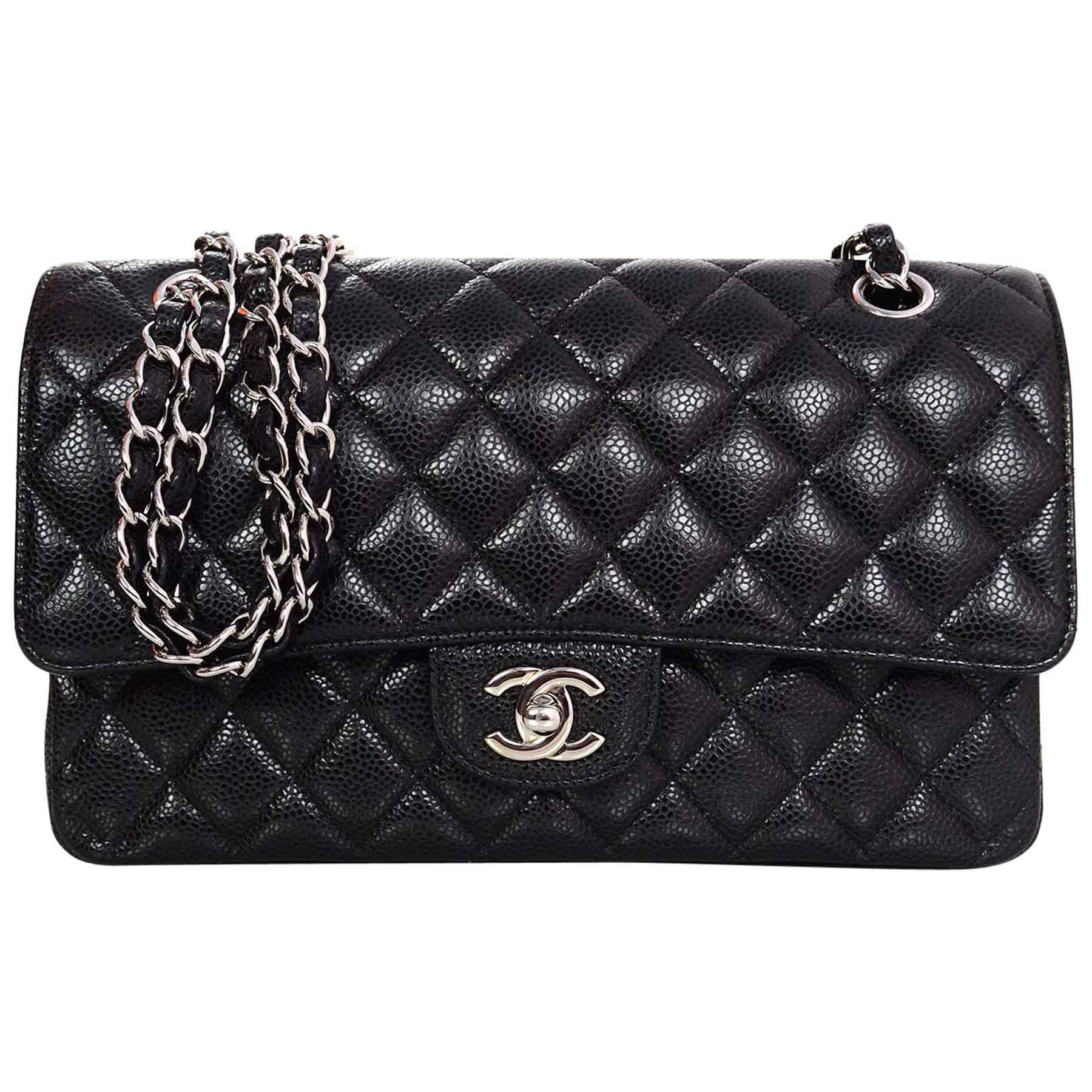 Chanel Black Quilted Caviar Leather 10" Medium Double Flap Classic Bag