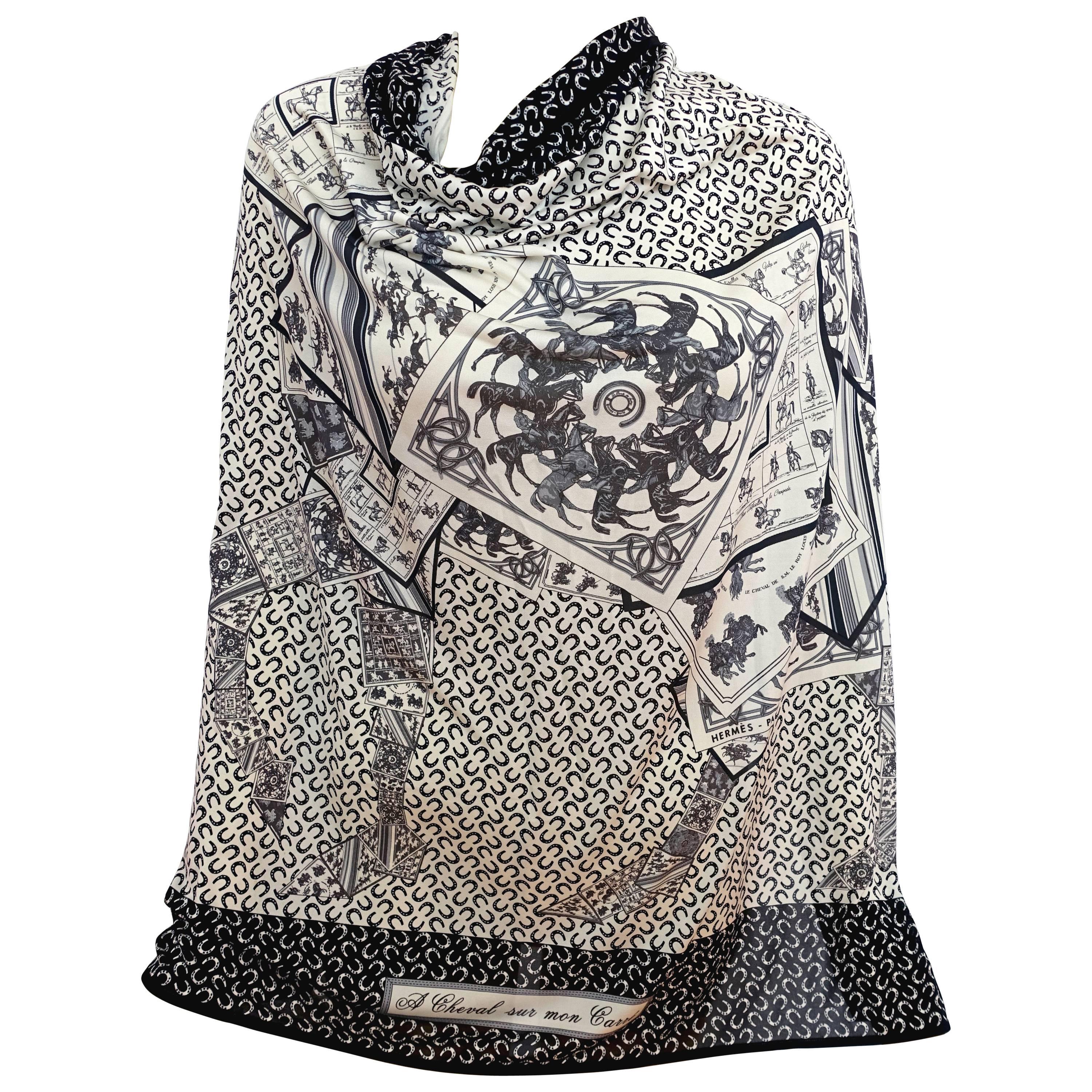 Hermes A Cheval Sur Mon Carre Black White Silk Jersey Scarf 90cm Grail