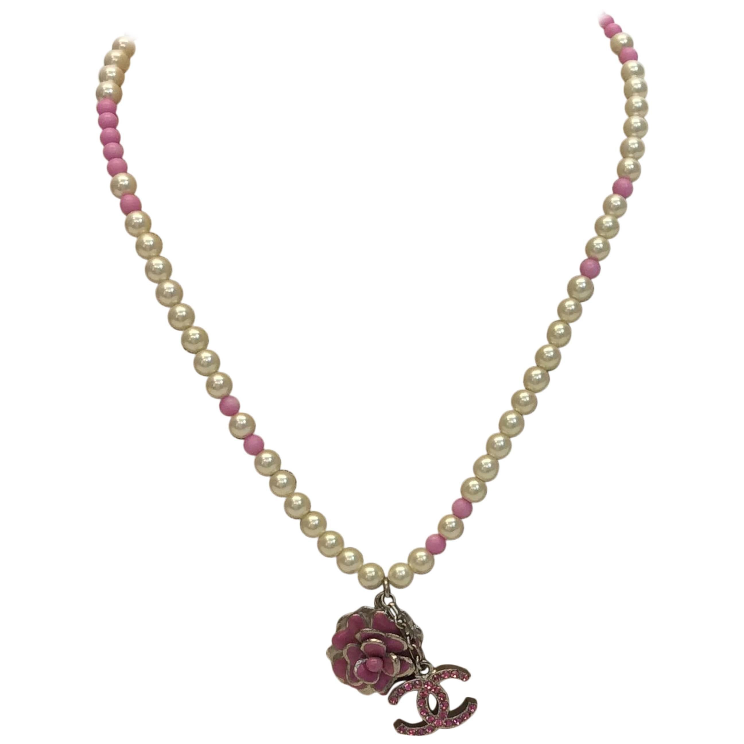 Chanel Pink Beaded Pearl Necklace With Charm For Sale