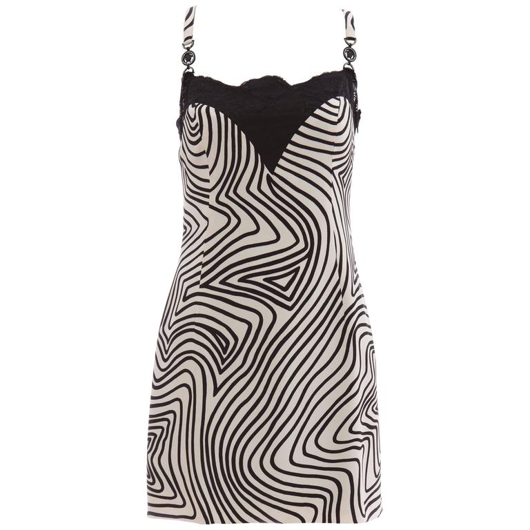 Versace Couture Graphic Print Black White Silk Lace Slip Dress, Circa