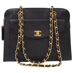 Chanel 11" Black Quilted Caviar Leather Medium Shoulder Tote Bag