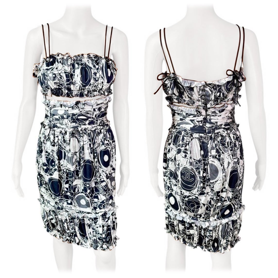 Chanel S/S 2008 CC Logo Monogram Print Cutout Mesh Ruffled Silk Mini Dress en vente
