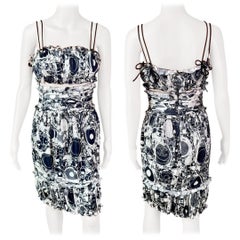 Chanel S/S 2008 CC Logo Monogram Print Cutout Mesh Ruffled Silk Mini Dress