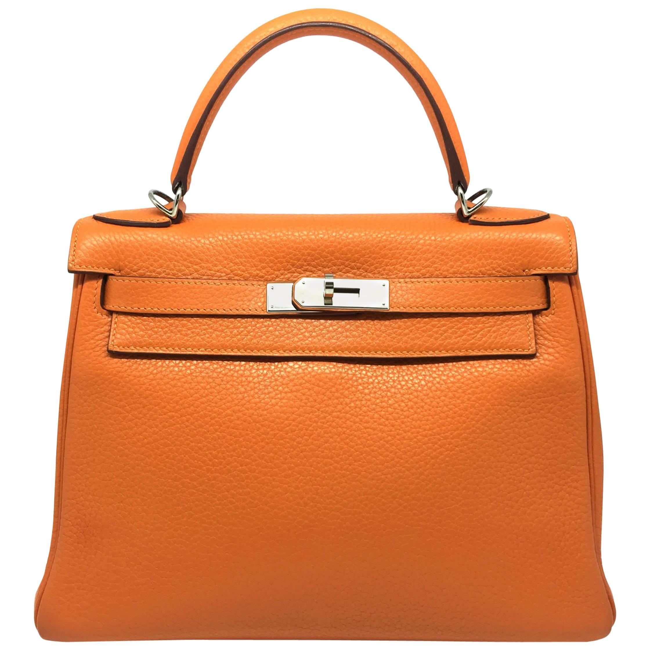 Hermes Kelly 32 Orange Iris Clemence Leather SHW Top Handle Bag For Sale