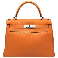 Hermes Kelly 32 Orange Iris Clemence Leather SHW Top Handle Bag