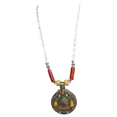 LB offers Tibetan inlaid pendant Sterling chain Carnelian Venetian Necklace