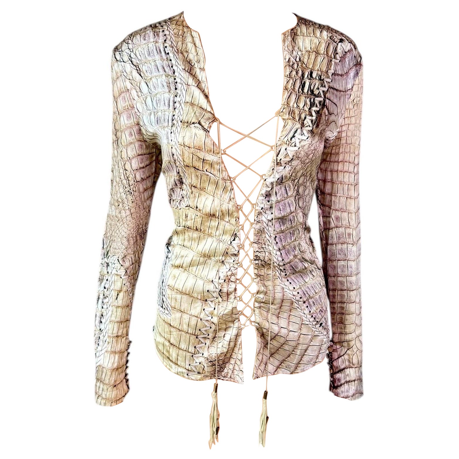 Roberto Cavalli S/S 2011 Lace Up Plunging Neckline Reptile Print Silk Blouse Top en vente