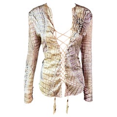 Roberto Cavalli S/S 2011 Lace Up Plunging Neckline Reptile Print Silk Blouse Top