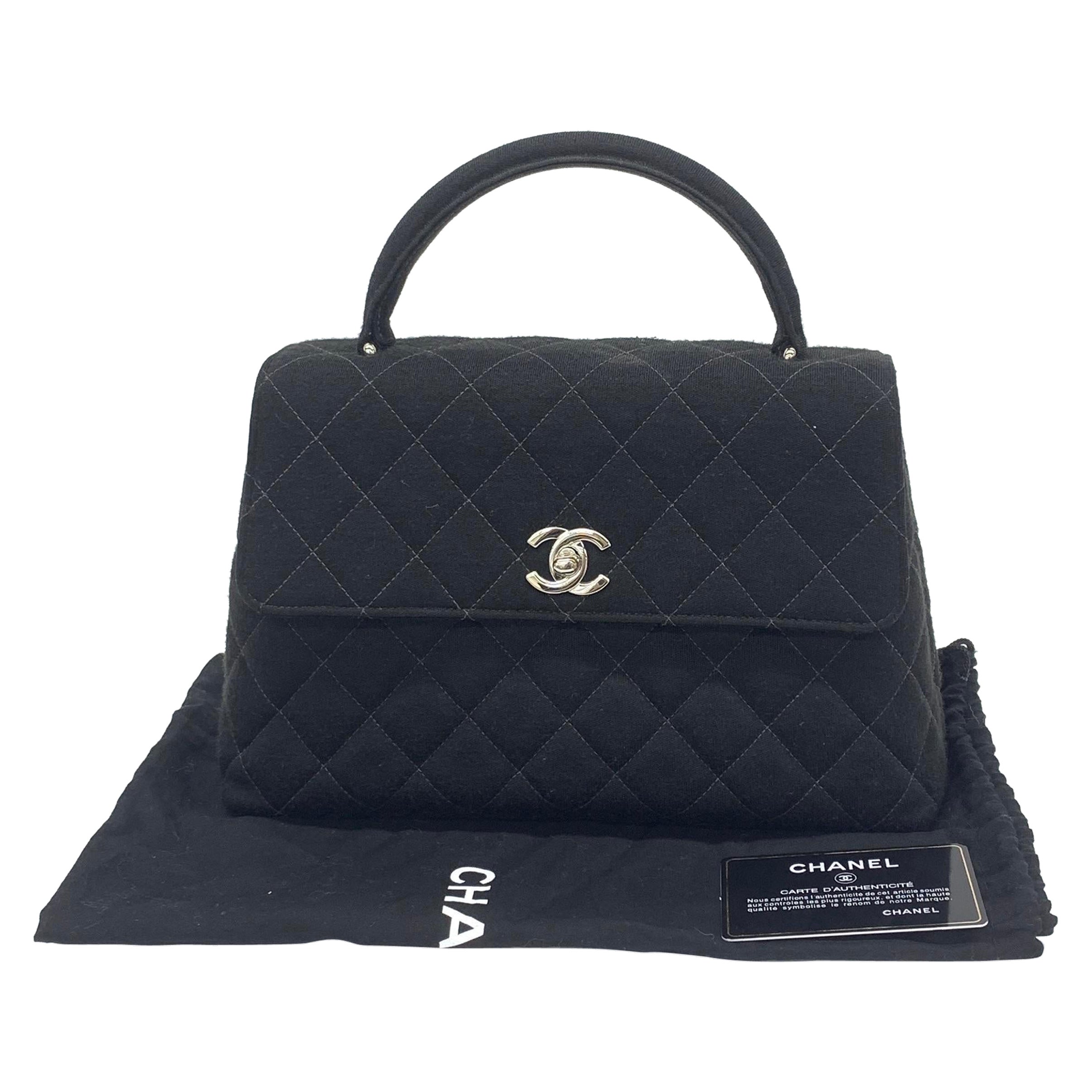 Chanel Vintage Top Handle Kelly Coco Handle Black Flap Bag Fabric Silver Hardwar en venta