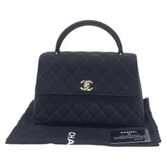 Chanel Vintage Top Handle Kelly Coco Handle Black Flap Bag Fabric Silver Hardwar