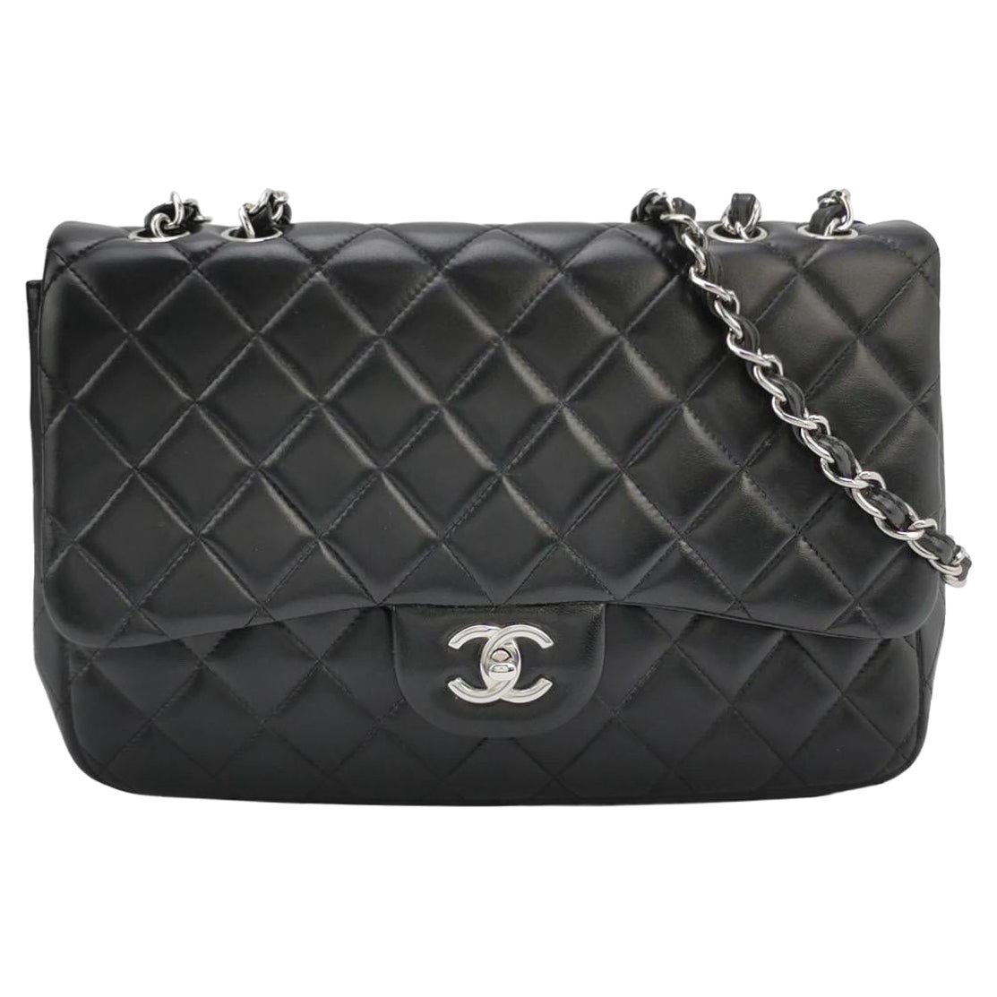 Chanel Classic Flap Jumbo Black Lambskin Leather Single Flap with Silver Hardwar For Sale