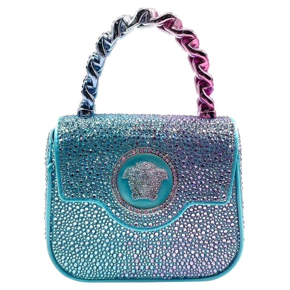 Versace La Medusa Mini Crystal Embellished Top Handle Bag in Blue Pink Disney Co For Sale