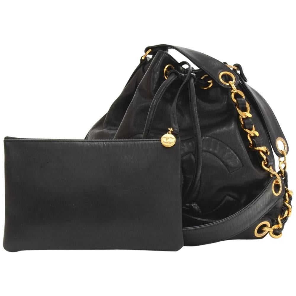 Vintage Chanel 9" Black Lambskin Leather Bucket Shoulder Bag