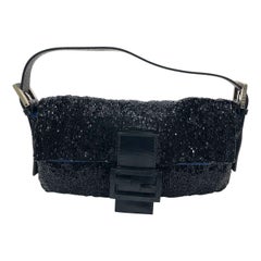 Fendi Baguette Vintage Black Glitter Beads Shoulder Bag Blue Satin Interior