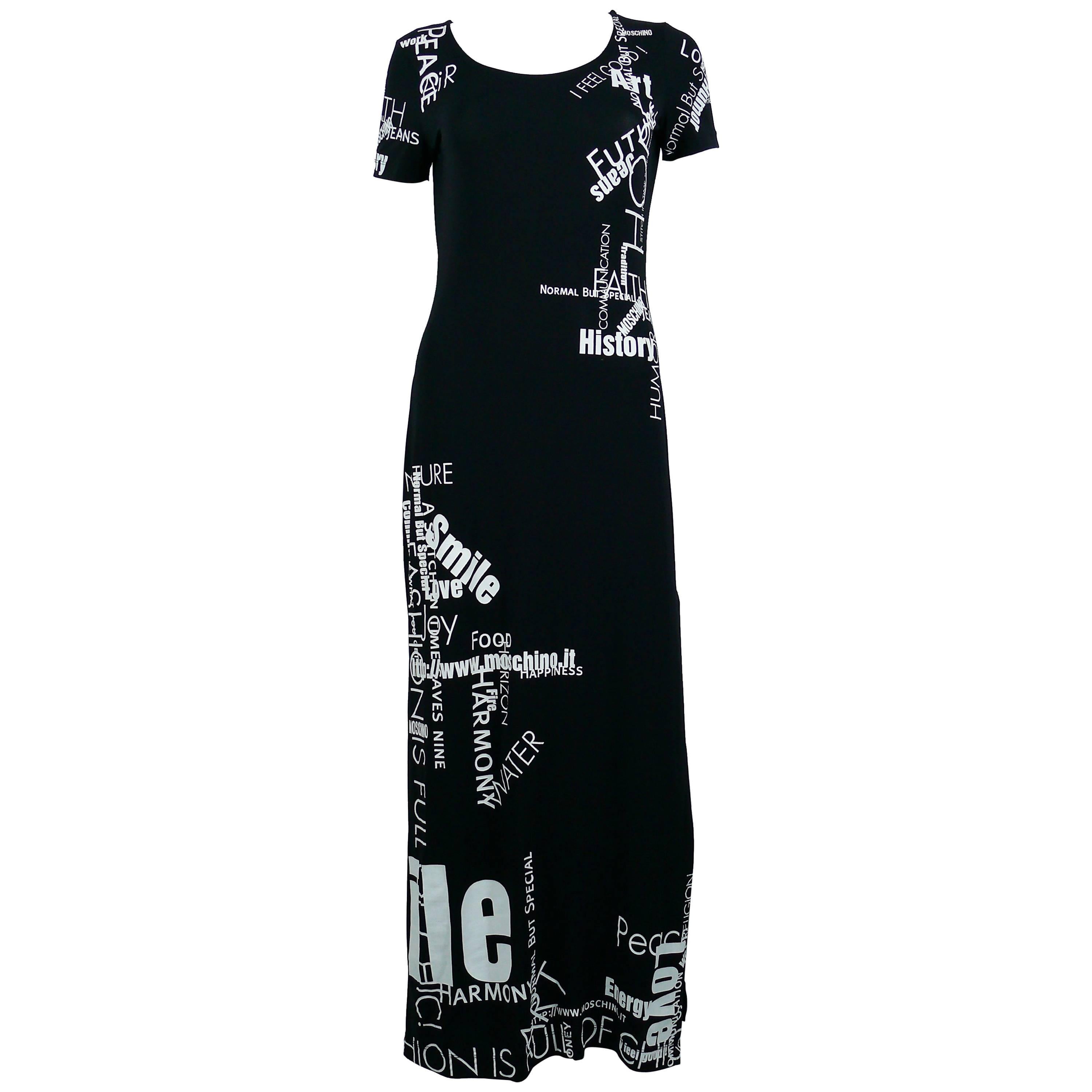Moschino Vintage All Over Text Black Maxi Dress USA Size 10 For Sale