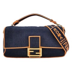 FENDI Baguette Large Denim with Orange Neon Trimming Crossbody Bag