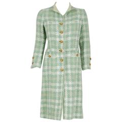 1970 Chanel Haute-Couture Seafoam Green Boucle Plaid Wool Mod Military Coat