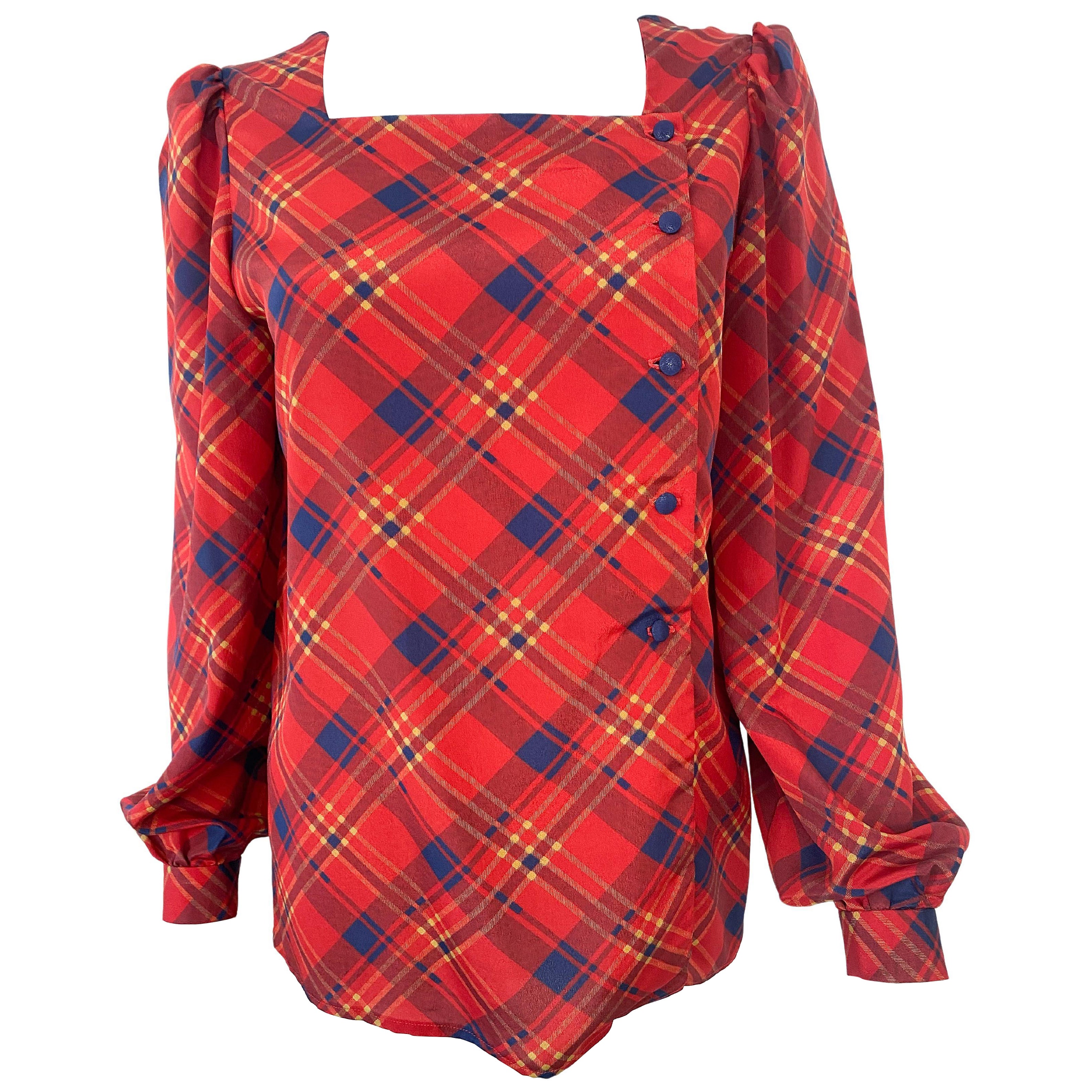 Silky Viscose Blouse Top Red and Blue Tartan Size 6/8, 1980s im Angebot