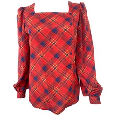 Silky Viscose Blouse Top Red and Blue Tartan Size 6/8, 1980s