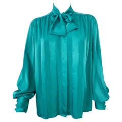 Silky Viscose Bow Blouse Top Emerald Green Stripes Size 12/14, 1980s
