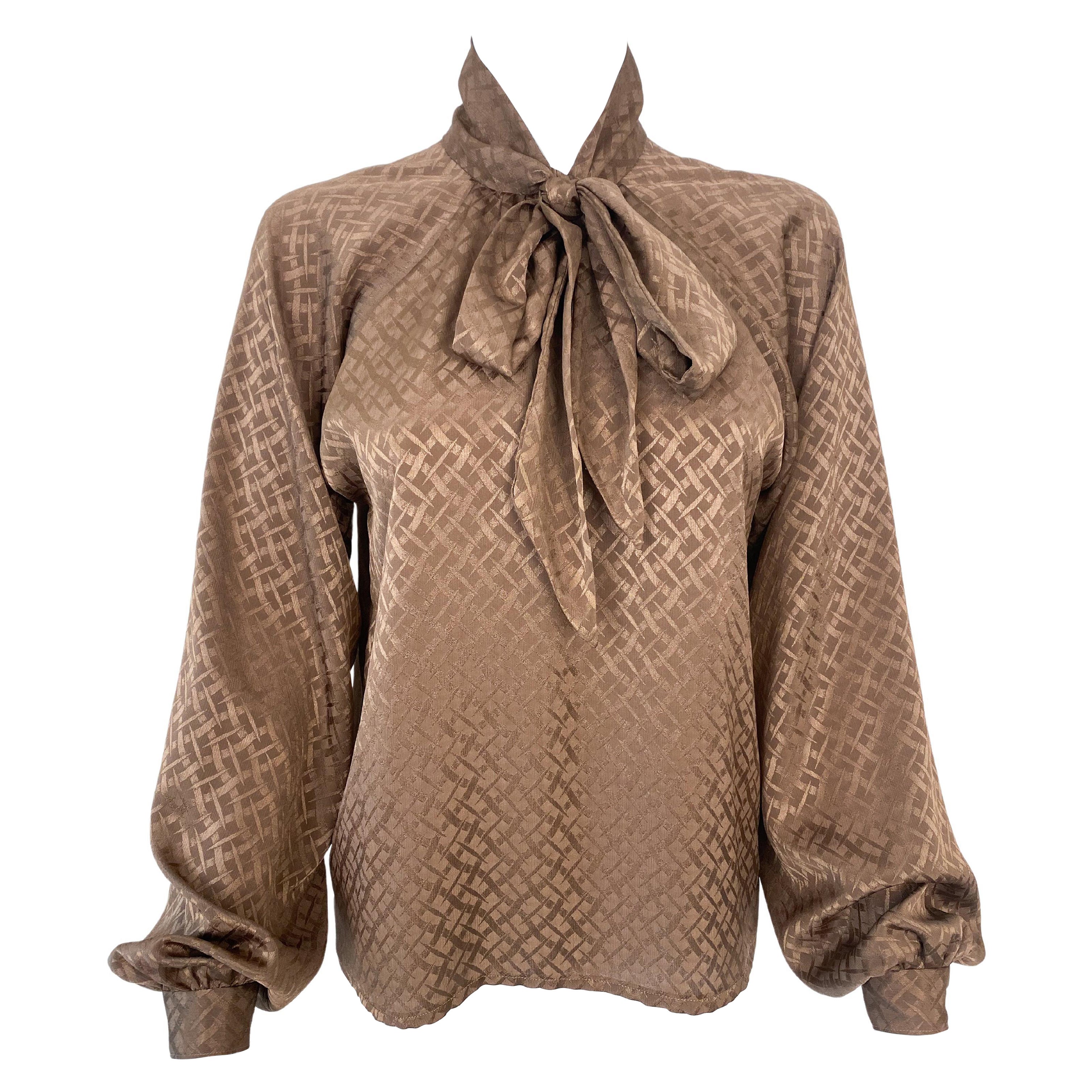 Silky Viscose Bow Blouse Top Cocoa Brown Geometric Print Size 6/8, 1980s For Sale