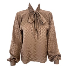 Silky Viscose Bow Blouse Top Cocoa Brown Geometric Print Size 6/8, 1980s