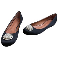 Giuseppe Zanotti Size 8.5 Black Satin Crystal Brooch Ballet Flats Made in Italy