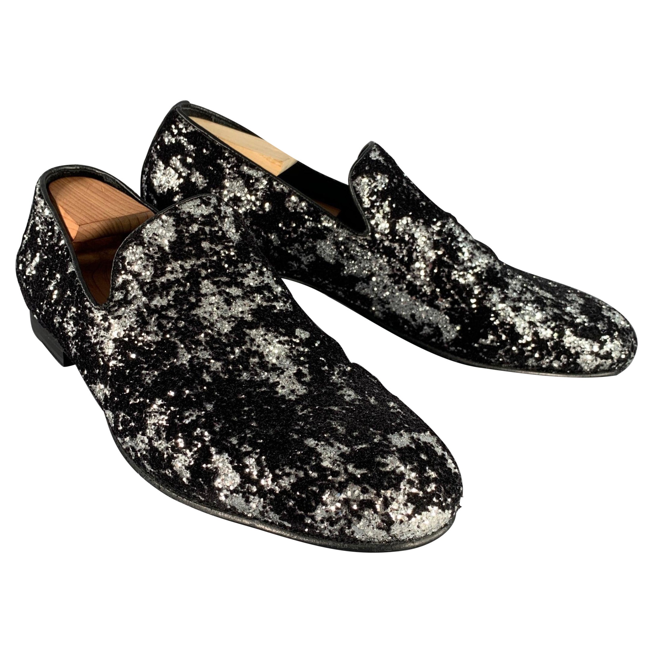 JIMMY CHOO Size 11 Velvet Glitter Devore Sloan Black Silver Slip On Loafers en vente