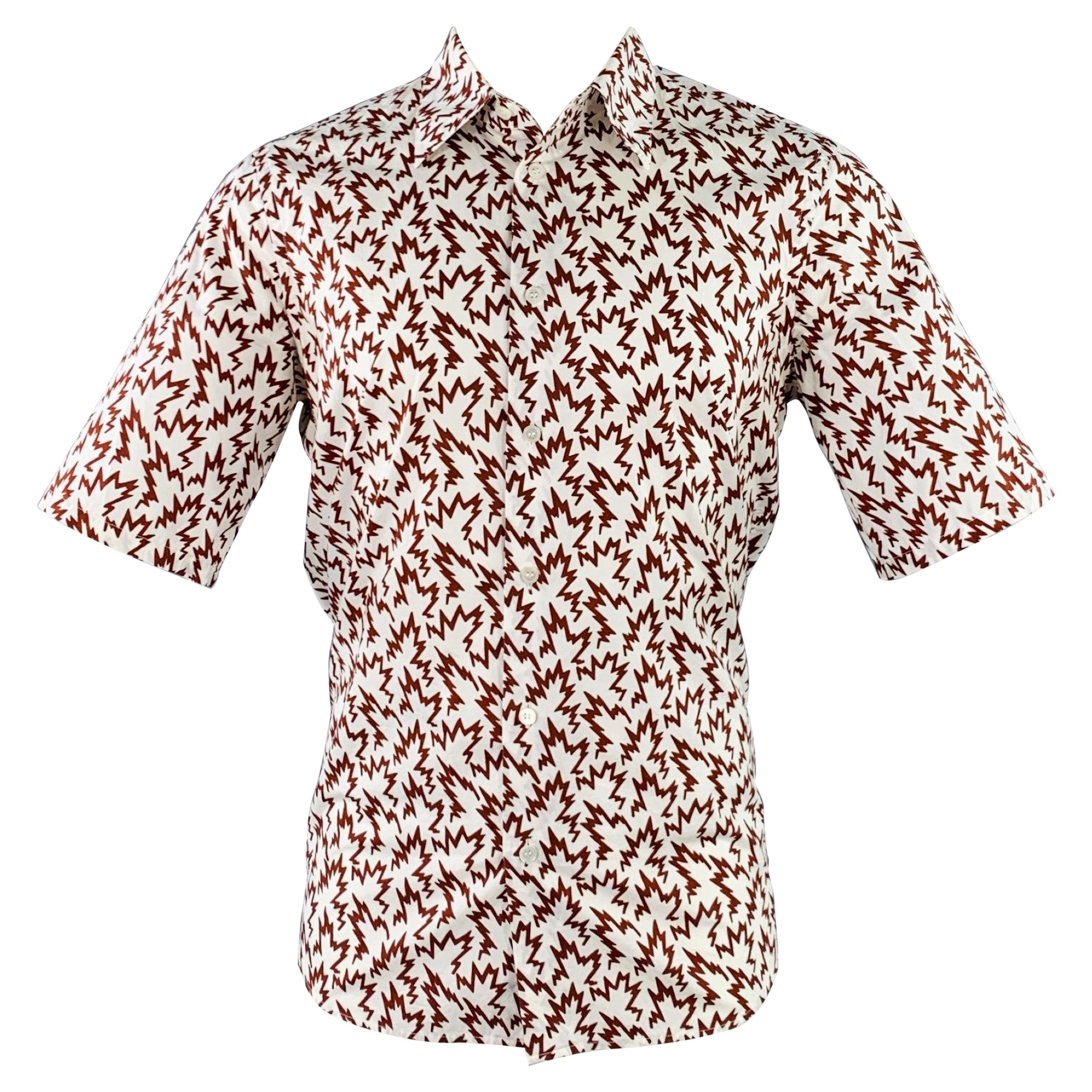 MARNI Size S White Burgundy Abstract Print Cotton Button Up Short Sleeve Shirt (Chemise à manches courtes avec boutons en coton) en vente