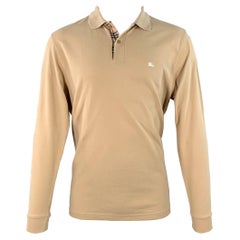Burberry Brit Size M Beige Embroidery Cotton Pique Classic Fit Contrast Trim Long Sleeve Polo