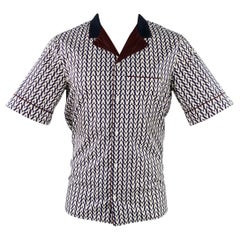 VALENTINO Size S Navy White Burgundy Monogram Cotton Camp Short Sleeve Shirt