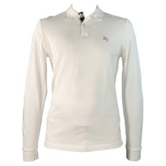 Burberry BRIT Size L White Embroidery Cotton Pique Contrast Trim Long Sleeve Polo