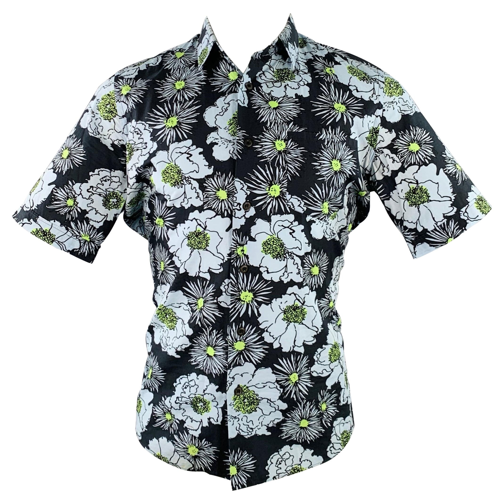 PRADA Size S Black Blue Green Floral Cotton Button Up One Pocket Short Sleeve Shirt en vente