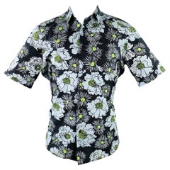 PRADA Size S Black Blue Green Floral Cotton Button Up One Pocket Short Sleeve Shirt